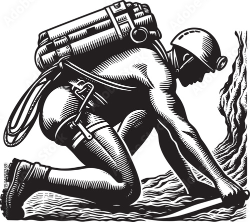 Woodcut illustration depicting a daring female spelunker navigat