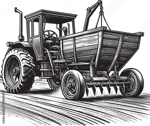 Monochrome Manure Spreader: A Woodcut-Inspired Agricultural Illu