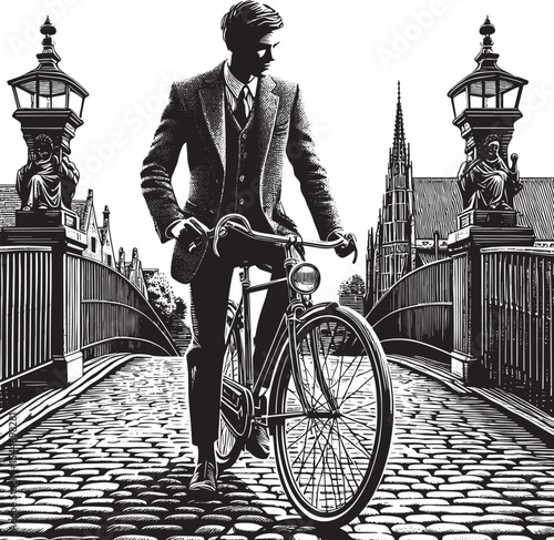 Elegant cyclist crossing ancient cobblestone bridge with archite