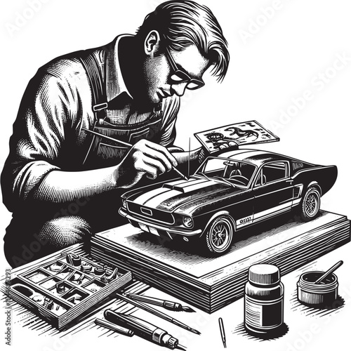 Illustrative artistry capturing a man meticulously crafting a cl