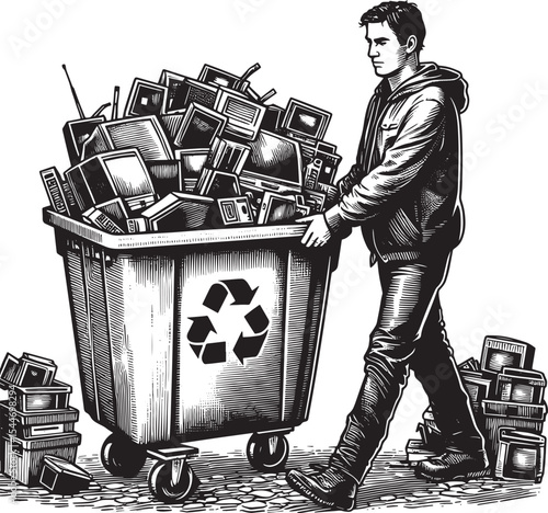 A man recycles obsolete electronics, promoting environmental ste