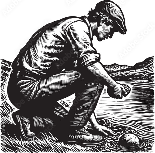 Serene moment, man by riverside, exploring nature's treasures in