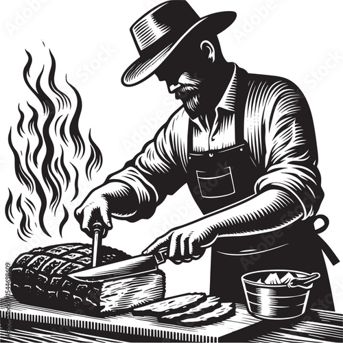 Artisanal brisket carving: A woodcut depiction of culinary exper