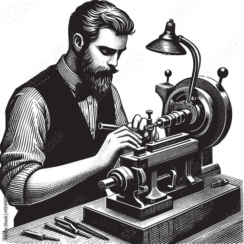 Intricate woodcut illustration of a man meticulously crafting co