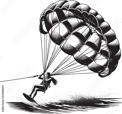 Detailed woodcut illustration of a female parasailer gliding abo