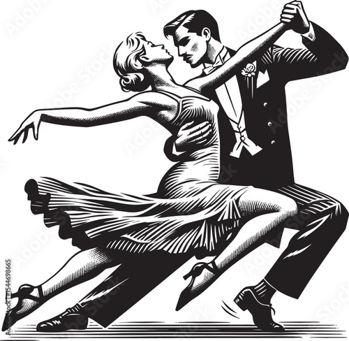Passionate monochrome ballroom couple in a dance embrace with wo