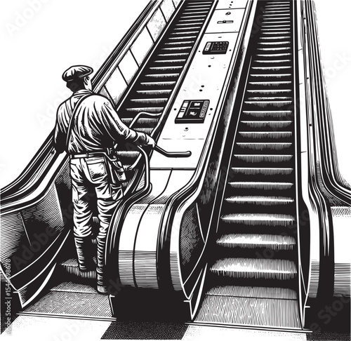 Escalator maintenance depicted in a detailed black and white dra