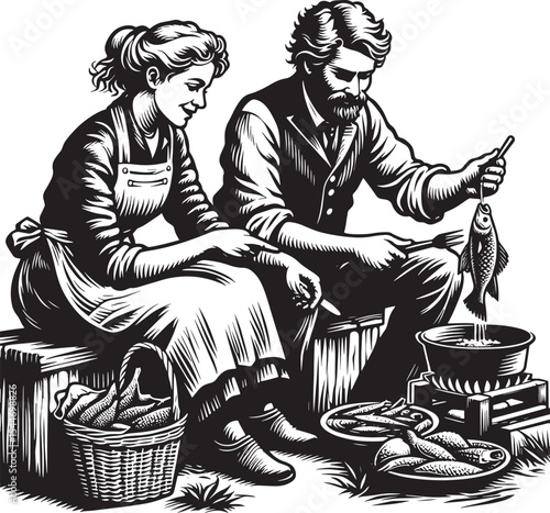 Monochrome woodcut illustration of a couple preparing and frying