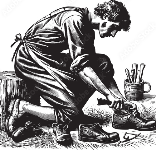 Artisan crafting bespoke leather shoes in a rustic woodcut style