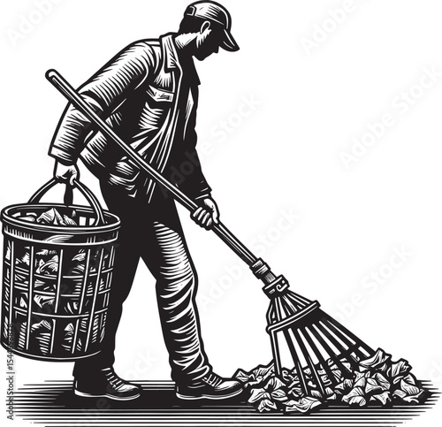 Dedicated groundskeeper collecting fallen leaves with rake and b