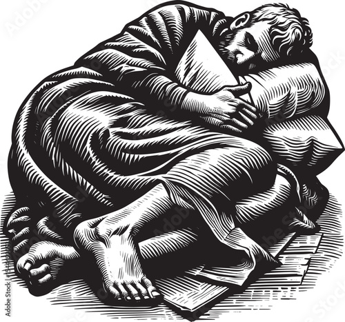 Monochromatic depiction of a man peacefully asleep, enveloped in