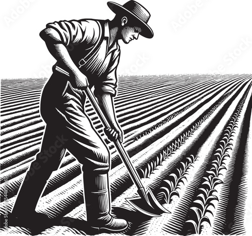 Detailed woodcut illustration of a farmer tilling soil with a ha