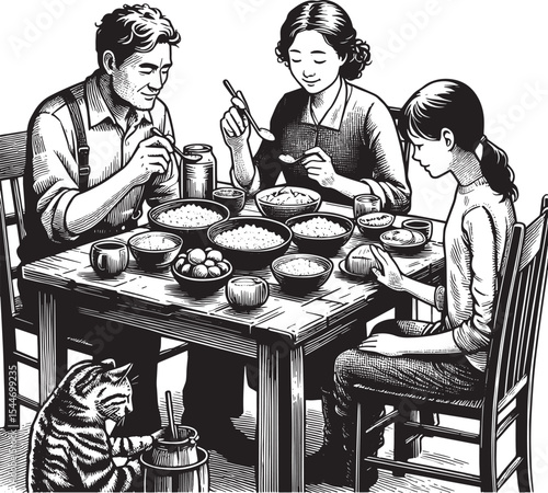 Illustration of a family dining together, woodcut style monochro
