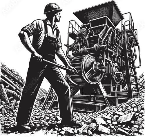 Detailed woodcut style illustration of worker operating industri