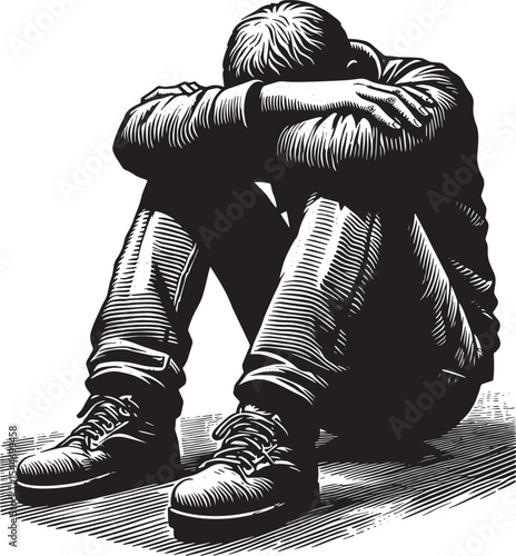 Solitary figure in distress crouching with arms wrapped around h