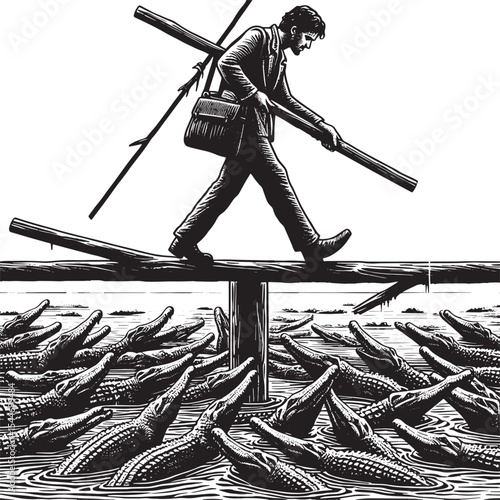 Precarious passage: man crossing treacherous waters filled with