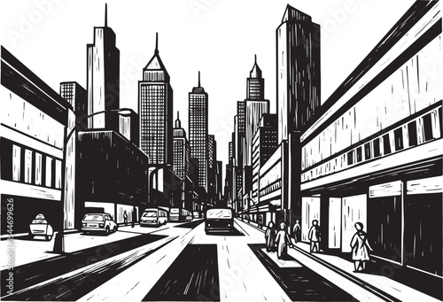Black and White Illustration of a City Street with Skyscrapers a