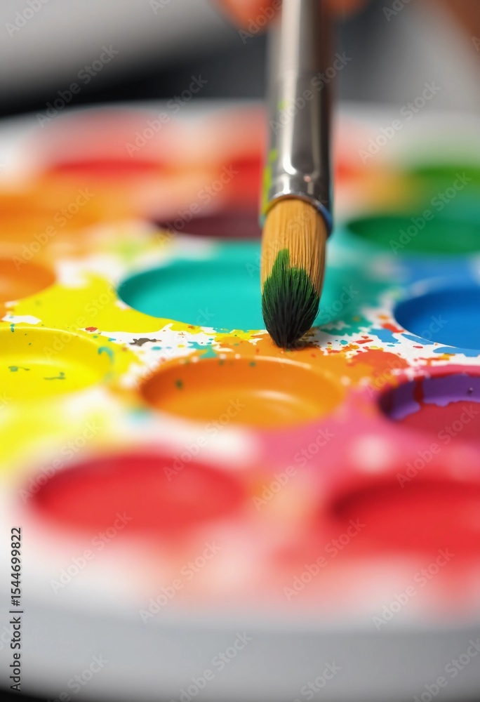 Obraz premium A hand gracefully holds a paintbrush, dipping it into a palette filled with bright colors. Artistic creativity fills the air as hues blend in a spacious studio Generative AI