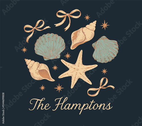 Elegant coastal-themed vector illustration featuring seashells, starfish, bows, and the text "The Hamptons." Styled in soft pastel tones with a nautical and summery vibe. Ideal for travel prints