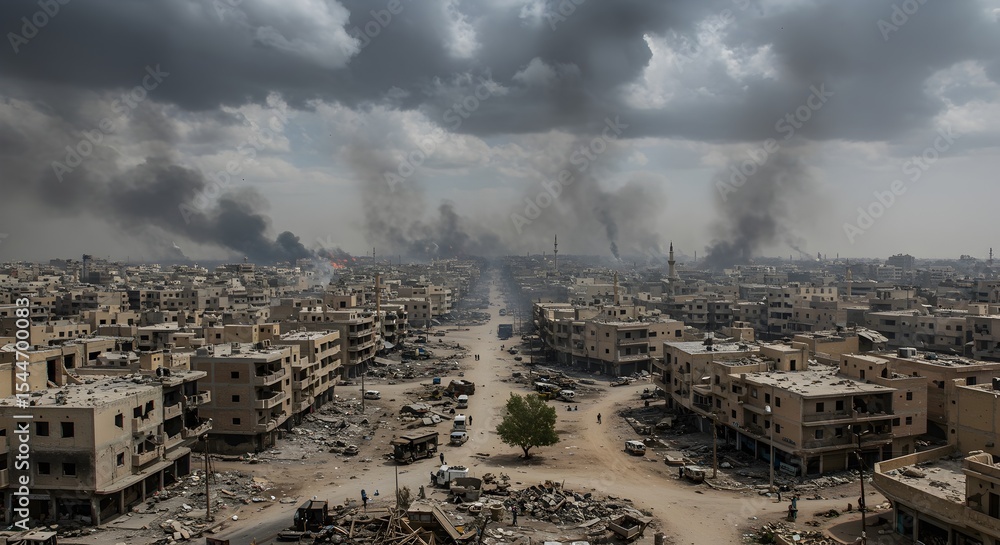 Fototapeta premium Panoramic view of a war-torn city with burning wreckage and military damage visible, showcasing the effects of conflict