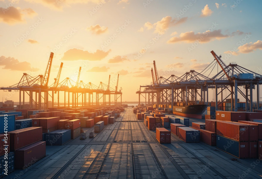 Naklejka premium Shipping yard with containers and cargo management, orange sunlight sky