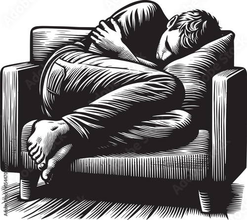 Monochromatic woodcut illustration of a man curled on a sofa for