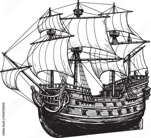 Detailed Pen and Ink Illustration of an Antique Sailing Ship on