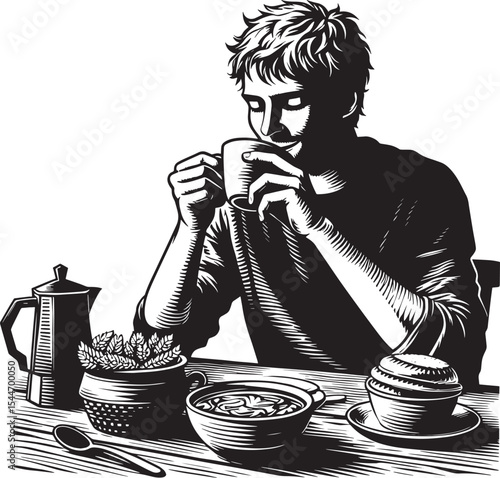 Monochromatic morning ritual: woodcut illustration of coffee enj