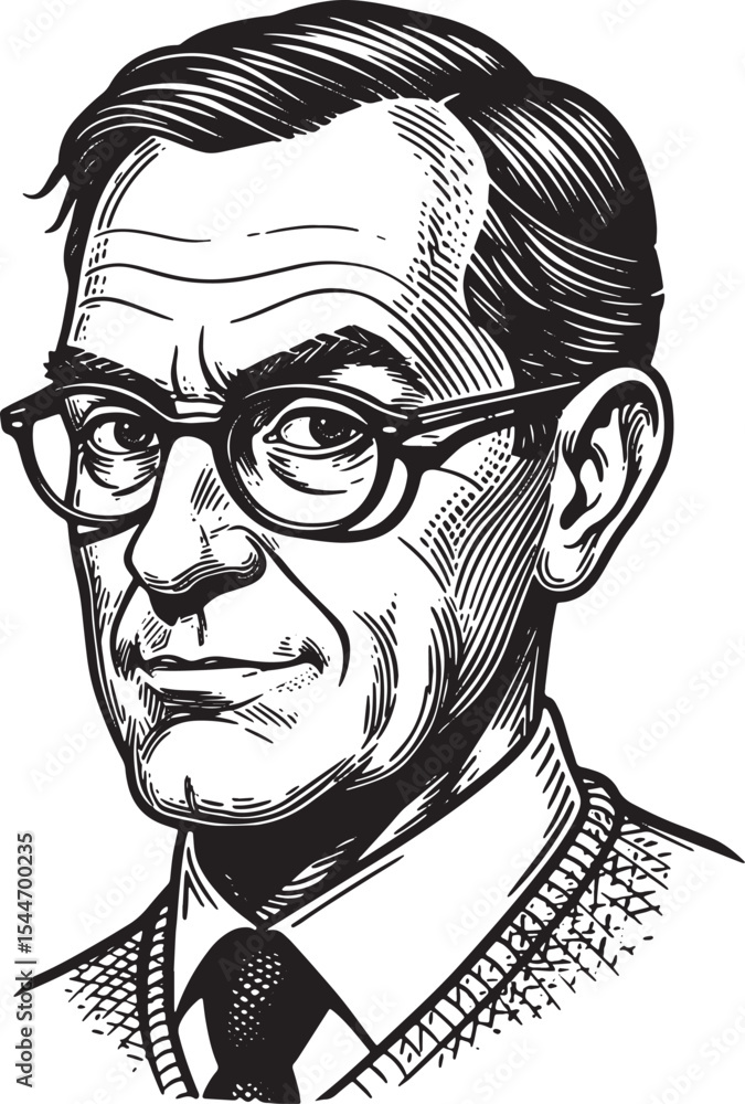 Fototapeta premium Portrait of a man with glasses, in a black and white sketch styl