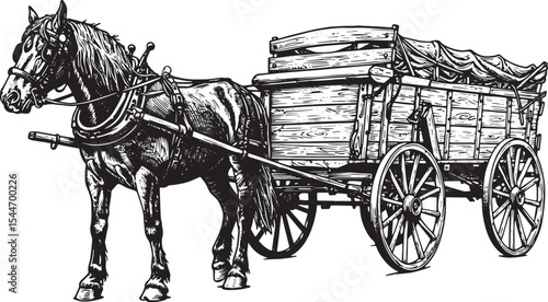 Detailed Black and White Illustration of a Horse-Drawn Cart on a
