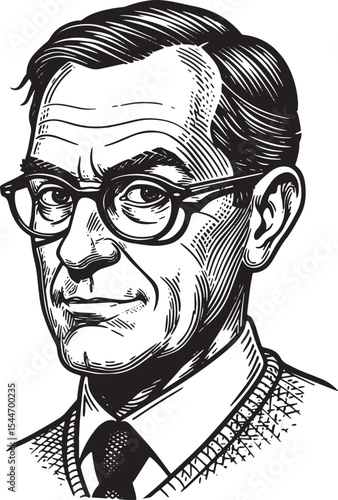 Portrait of a man with glasses, in a black and white sketch styl