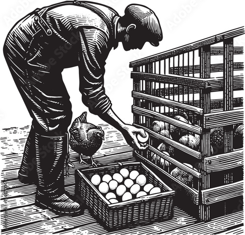 Vintage-style illustration of a farmer collecting eggs in a chic