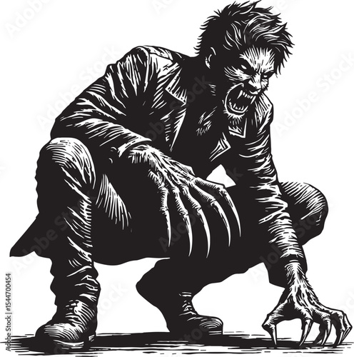 Urban Werewolf Illustration: A creature emerges in monochrome wo