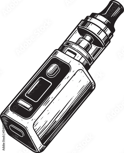 Detailed Black and White Illustration of a Vape Device on a Whit