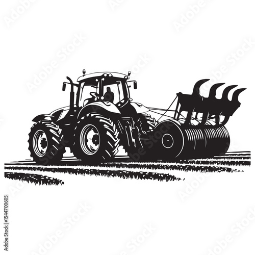 Black and white illustration of a tractor in a field