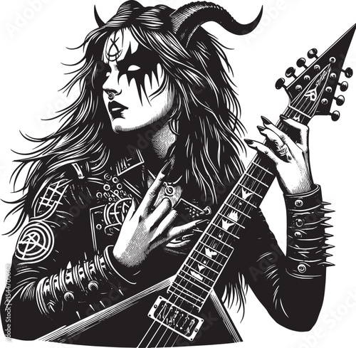 Monochrome horned guitarist embodies the spirit of dark metal mu