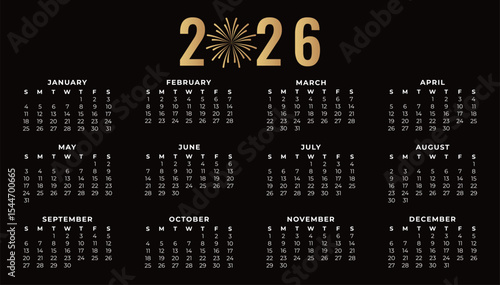 Simple horizontal calendar for 2026 on a dark background. Vector illustration