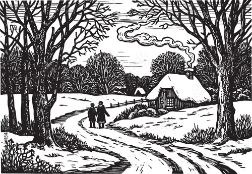 A black and white woodcut illustration of a winter landscape wit