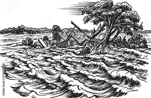 Ink drawing of a flooded landscape with submerged houses, trees,