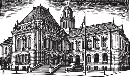 Hand-drawn illustration of a historical building, perfect for ar