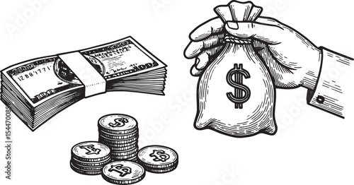 Illustration of money, coins, and a hand holding a bag of money