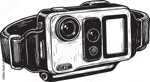 Detailed Black and White Illustration of a Wearable Action Camer