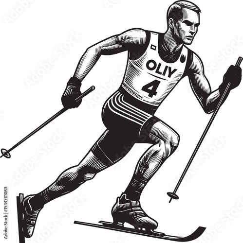 Monochrome woodcut style illustration showcasing a determined bi