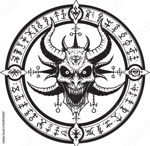 Detailed illustration of a demonic creature within a sigil, blac