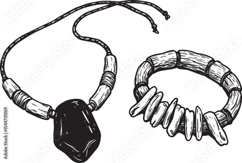 Detailed Black and White Illustration of a Necklace and Bracelet