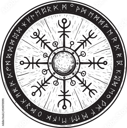 Intricate Viking Shield with Runes and Symbolism against a White