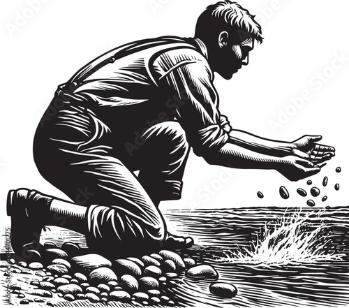 Melancholic moment: Contemplative man skipping stones by the pea