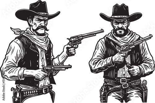 Black and white illustration of cowboys, guns, and wild west the
