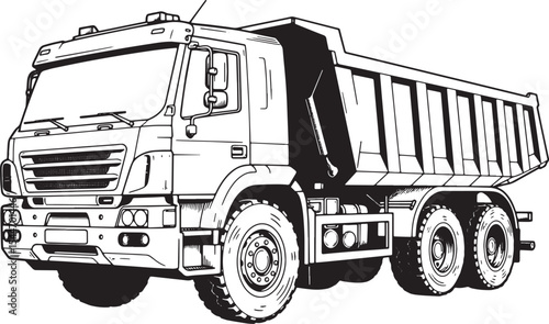 Black and white illustration of a heavy-duty dump truck with det