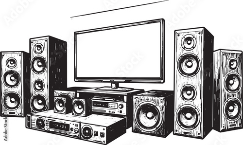 Home Theater System with Speakers and TV Illustration in Black a